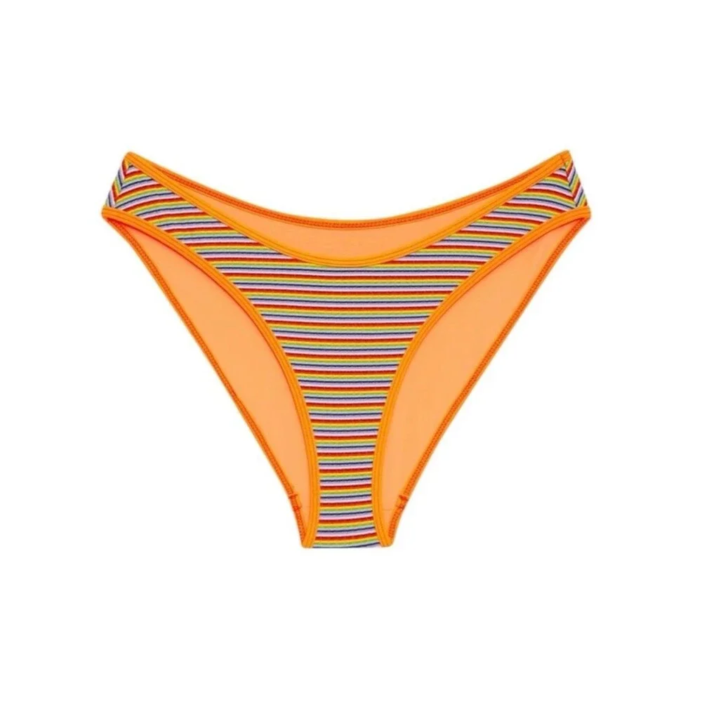 Frankies Bikinis Catalina Rib Stripe Bikini Bottom Rainbow Orange Retro XL NEW